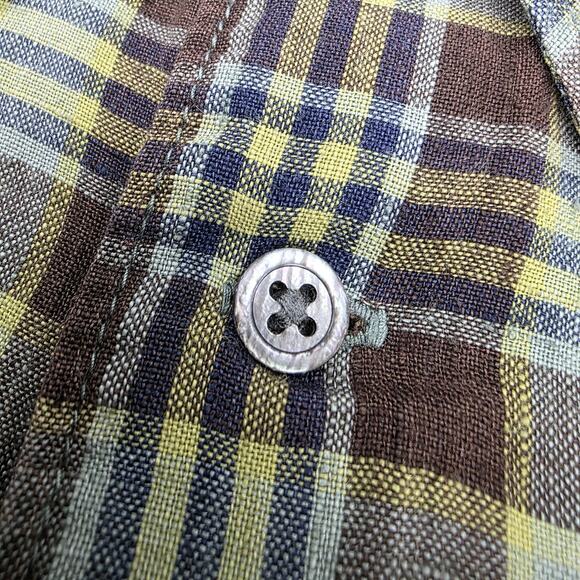 Banana Republic Shirt Mens Large Brown Yellow Plaid Linen Short Sleeve Button Up - Picture 11 of 14